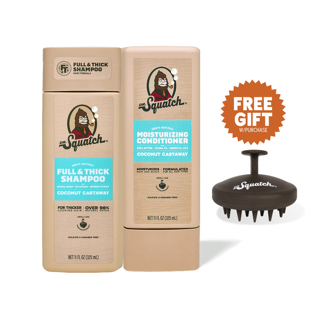 Dr. Squatch Hair Care Kit + Free Scalp Scrubber | Full & Thick Shampoo | Moisturizing Conditioner | Natural Products for Men - Travel Edit